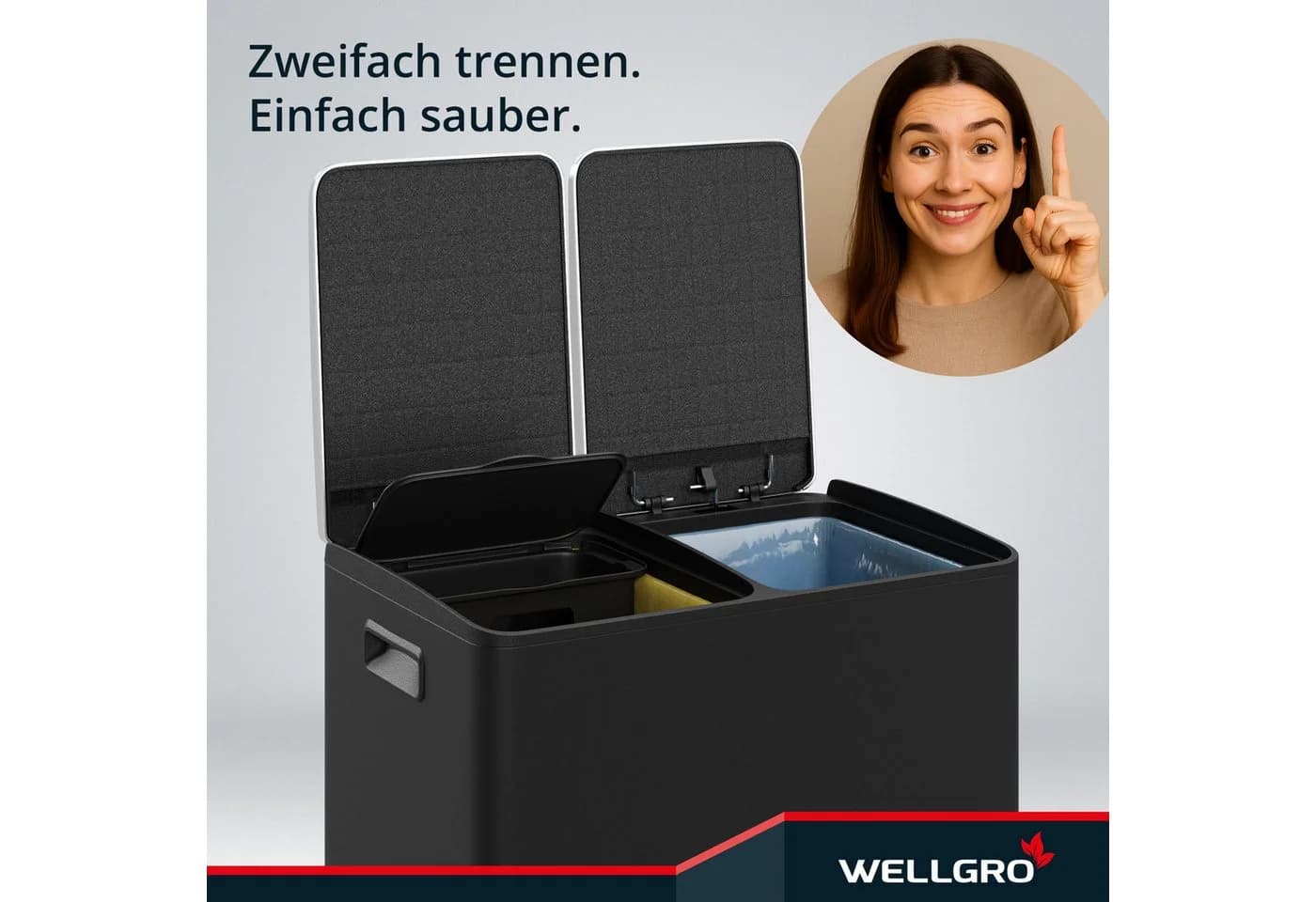 WELLGRO Tretmülleimer 2x30L Edelstahl Softclose Schwarz