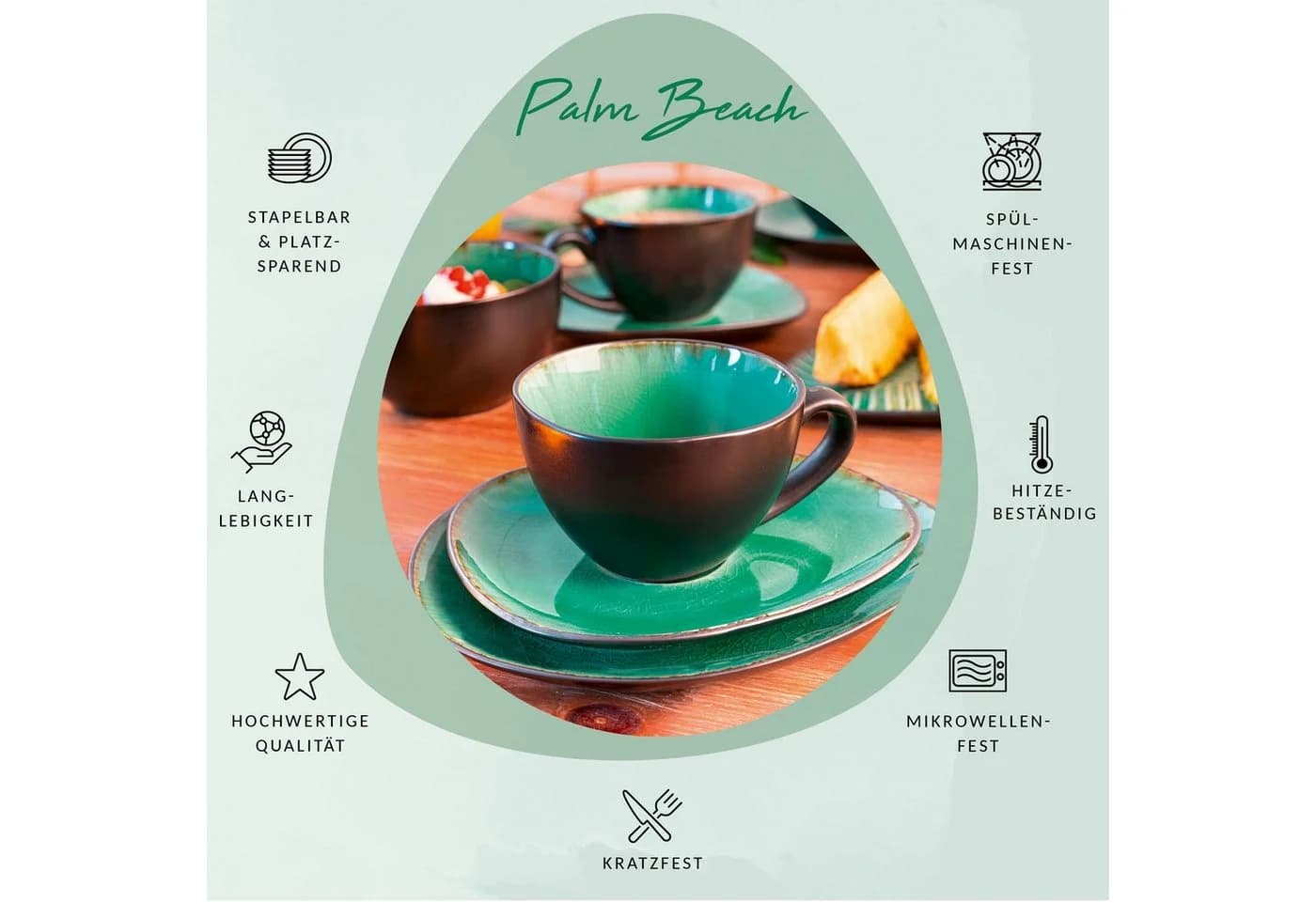 SÄNGER Espressotasse Palm Beach Set 8-tlg. Steingut Vintage Grün/Türkis