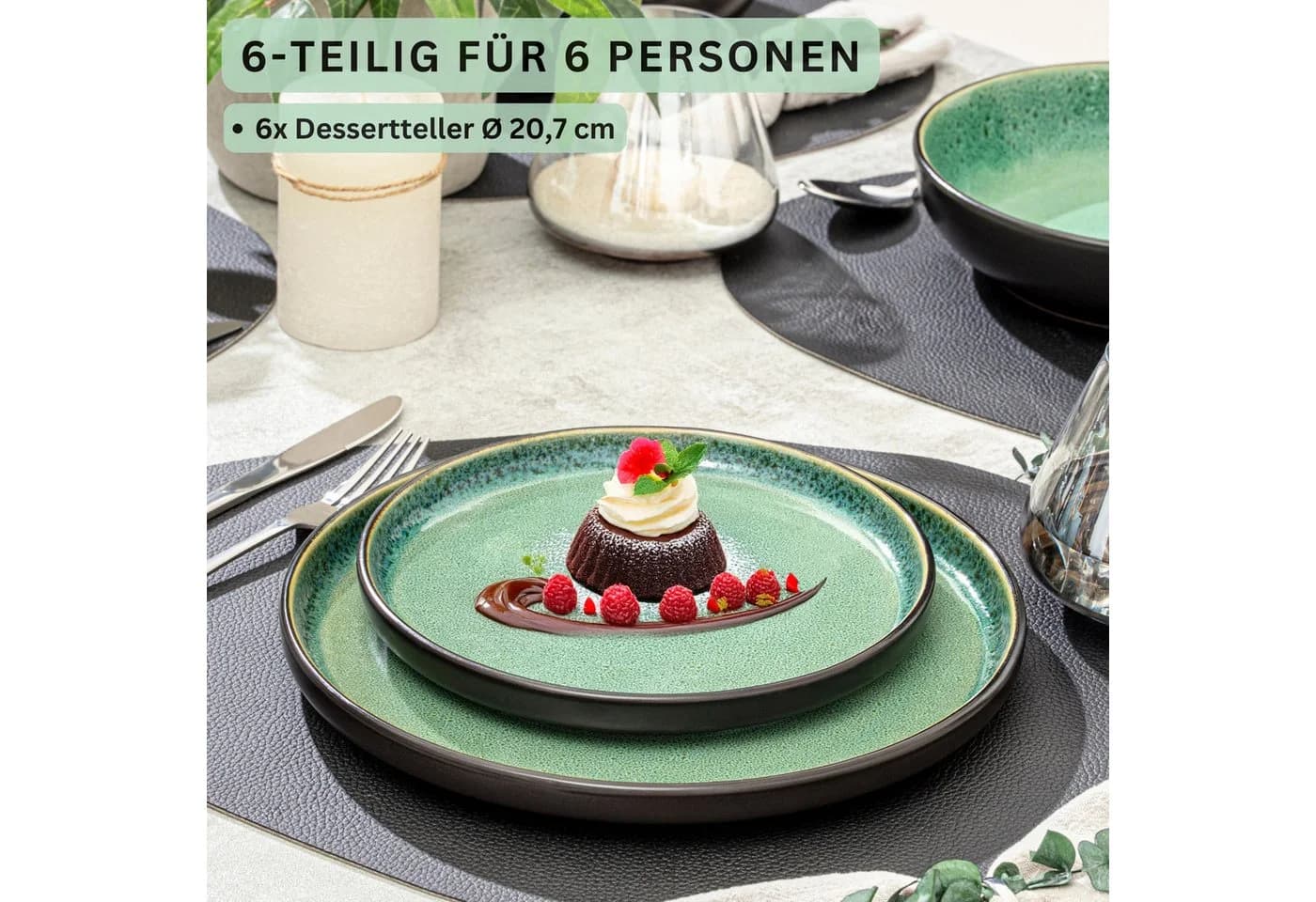 SÄNGER Teller Set Greenwich Dessertteller 6-tlg. Grün Schwarz Steingut
