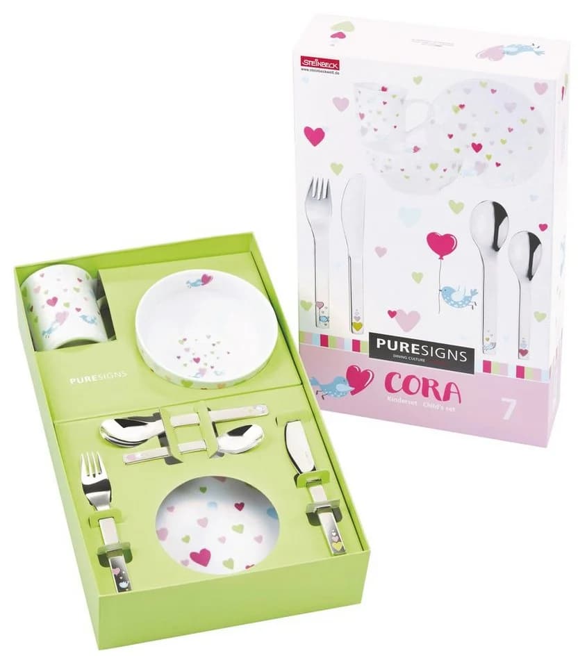 PURESIGNS Kindergeschirr-Set CORA 7-tlg. Edelstahl & Porzellan Bunt