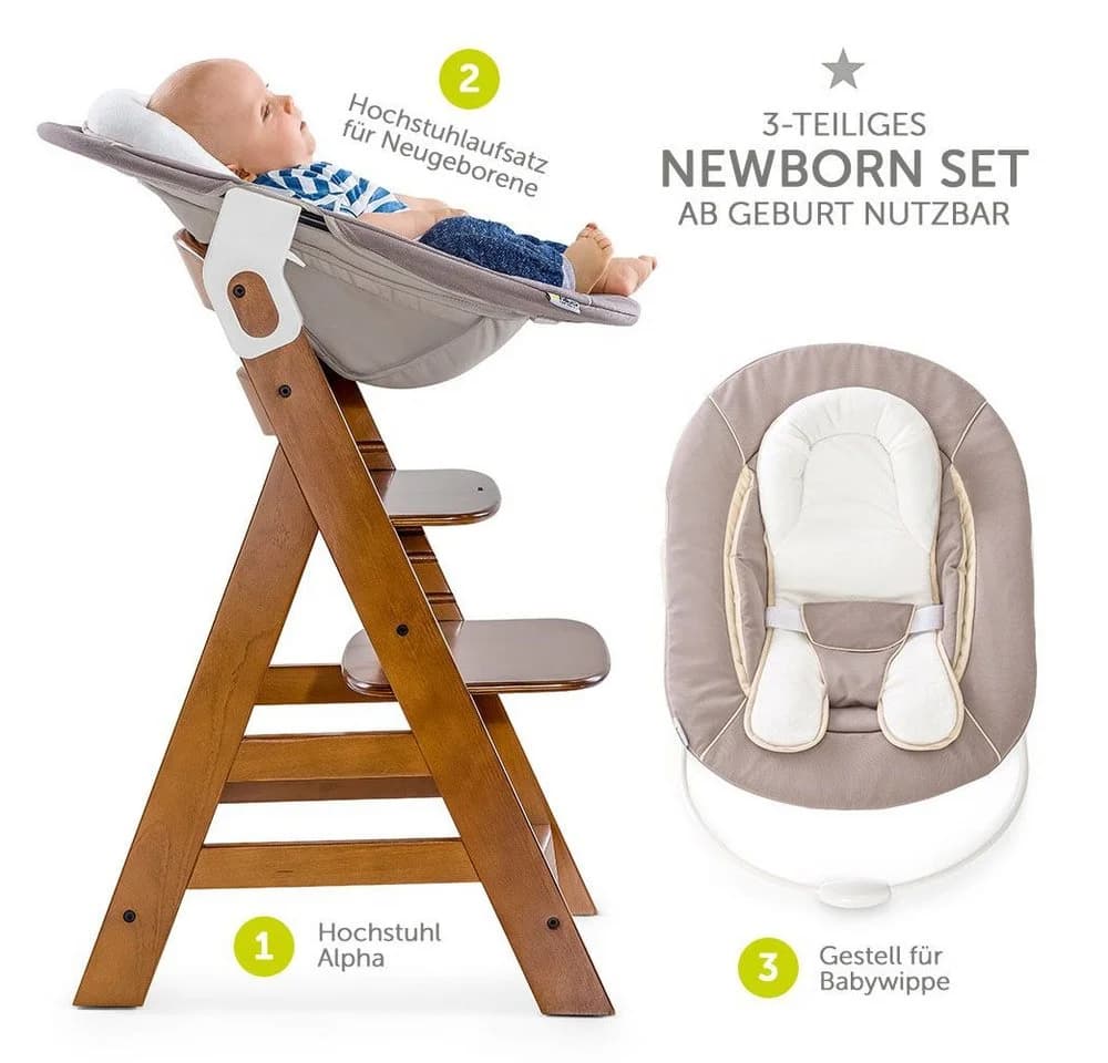 Hauck Hochstuhl Alpha Plus Walnut Newborn Set Massivholz höhenverstellbar