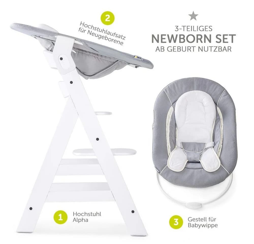 Hauck Hochstuhl Alpha Plus White Newborn Set Holz Babystuhl ab Geburt mit Aufsatz für Neugeborene höhenverstellbar