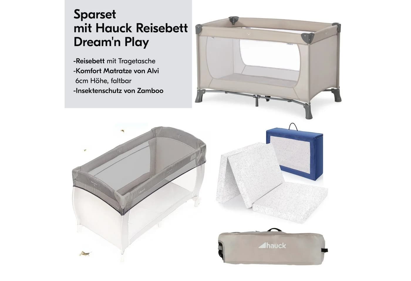 Hauck Baby-Reisebett Dream'n Play Beige mit Matratze & Moskitonetz