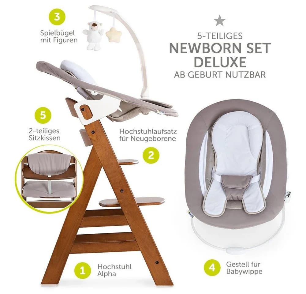 Hauck Hochstuhl Alpha Plus Walnut Newborn Set Deluxe 4-in-1 Massivholz Braun