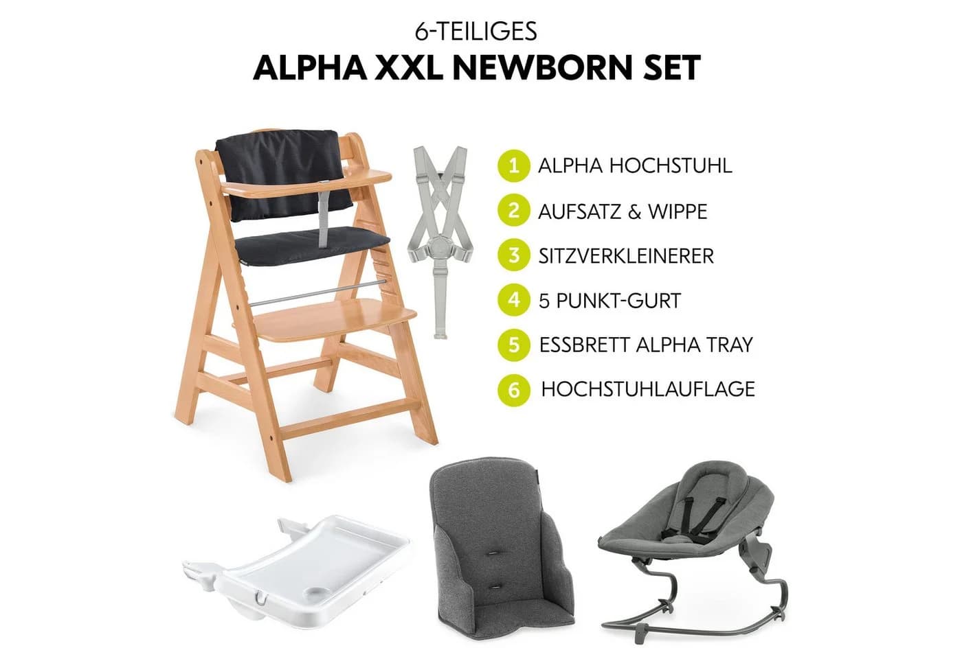 Hauck Hochstuhl Alpha Plus Natur Newborn Set Premium Dark Grey