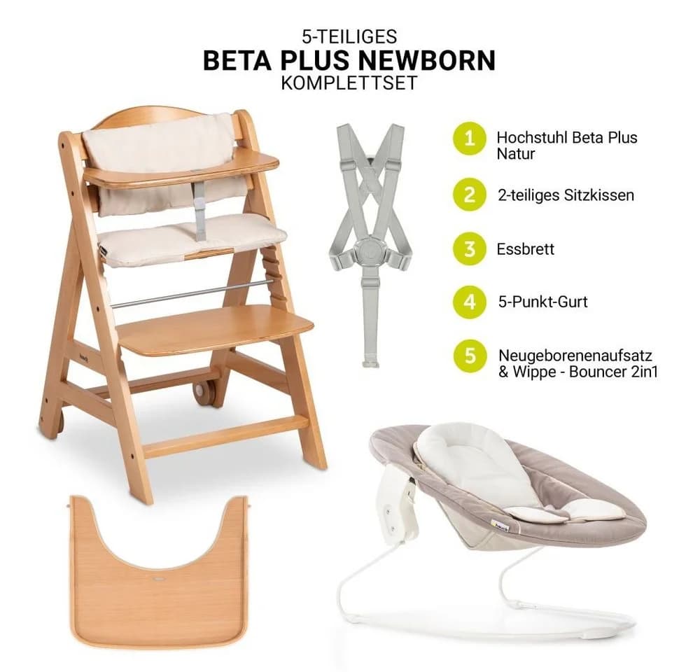Hauck Hochstuhl Beta Plus Natur mit Neugeborenenaufsatz
