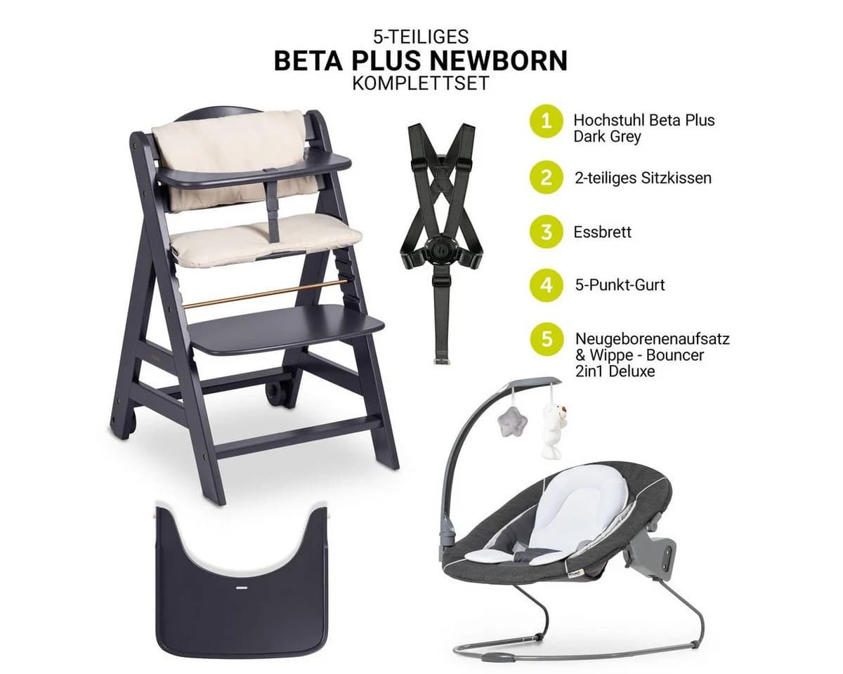 Hauck Hochstuhl Beta Plus Dark Grey - Deluxe Set mit Neugeborenen-Aufsatz