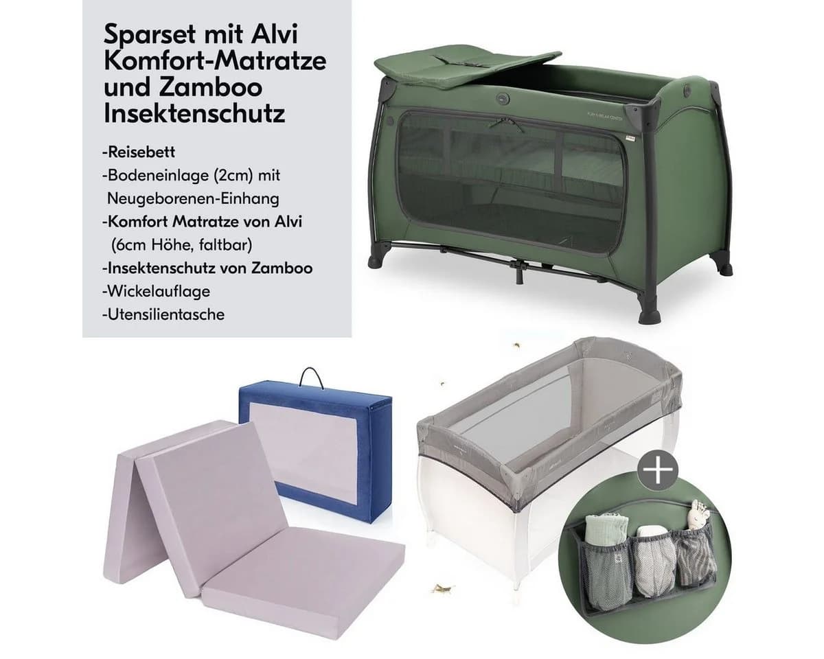 Hauck Baby-Reisebett Play'n Relax Center Dark Green mit Matratze, Insektenschutz, Wickelauflage, Einhang