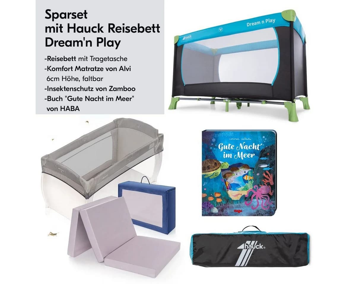 Hauck Baby-Reisebett Dream N Play Set Waterblue mit Matratze, Moskitonetz & Tasche