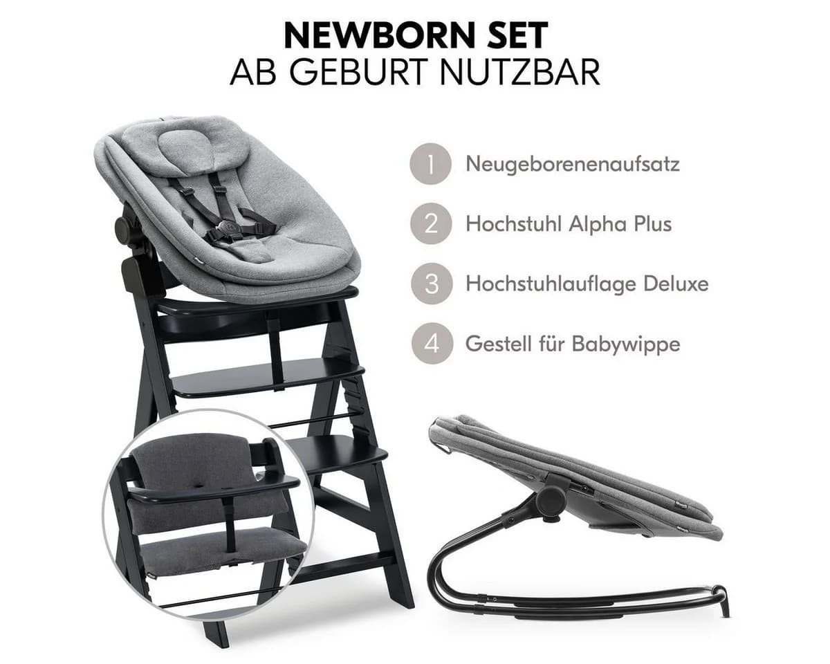 Hauck Hochstuhl Alpha Plus Black Newborn Set Holz Babyhochstuhl ab Geburt