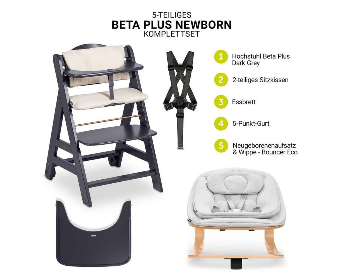 Hauck Hochstuhl Beta Plus Dark Grey Newbornset Eco - Light Grey (Set) Holz Babystuhl ab Geburt mit Neugeborenensufsatz, Sitzkissen, Essbrett