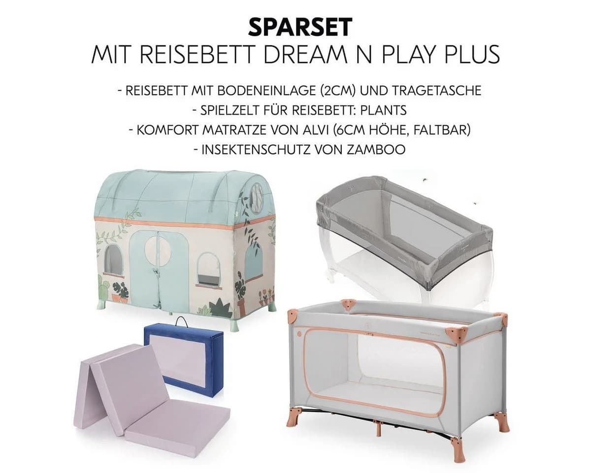 Hauck Baby-Reisebett Dream N Play Plus - Dusty Cork/Plants Kinderreisebett mit Matratze, Moskitonetz & Spielzelt