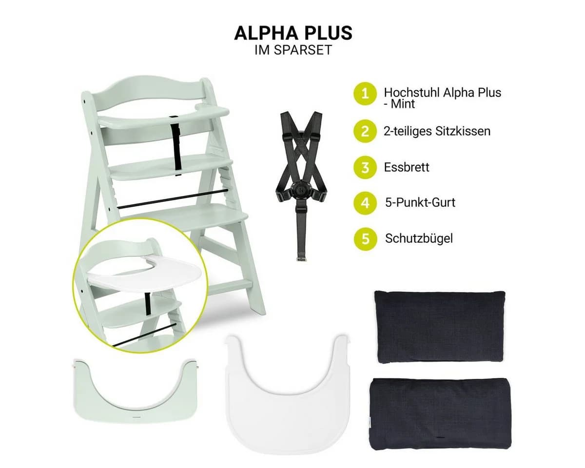 Hauck Hochstuhl Alpha Plus Mint - Charcoal mit Click Tray & Sitzkissen
