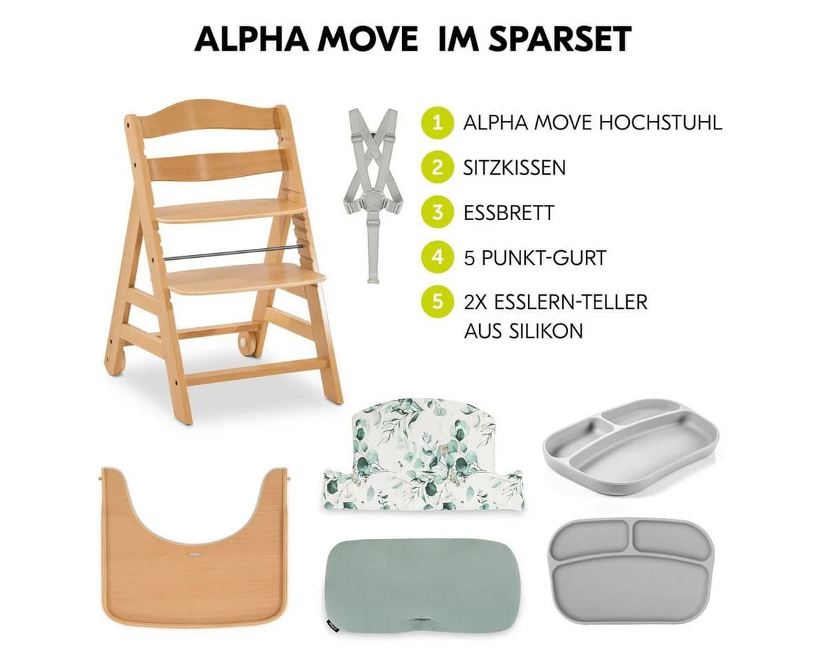 Hauck Hochstuhl Alpha Move Natur Buchenholz mit Rollen & Sitzkissen