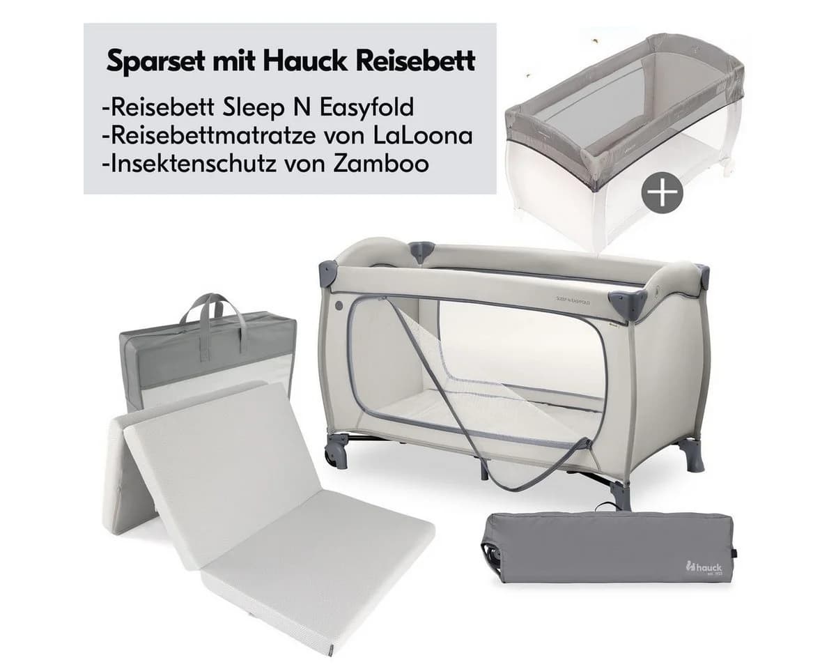 Hauck Baby-Reisebett Sleep N Easyfold Set Grau mit Matratze & Mückenschutz