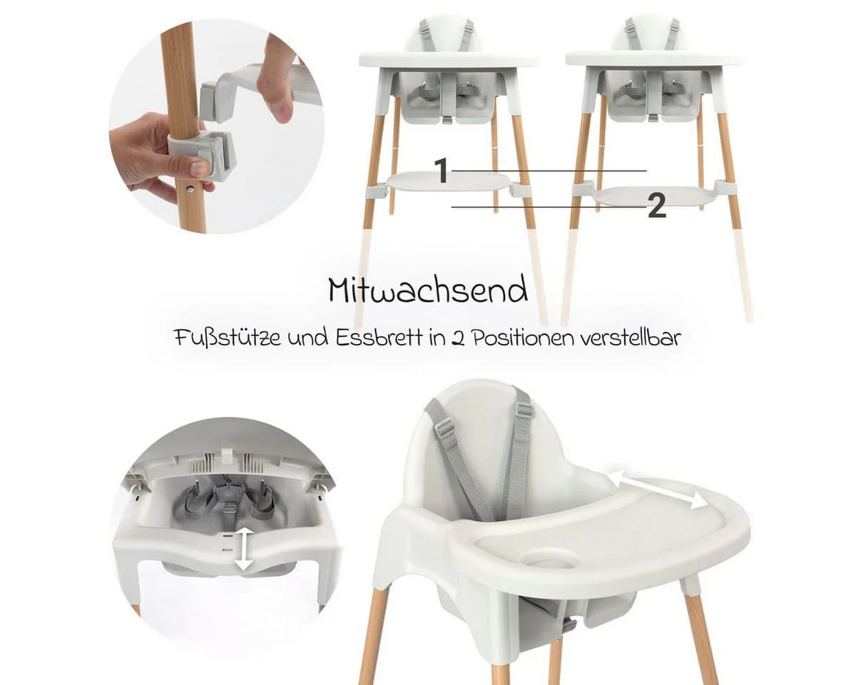 Zamboo Hochstuhl Grau, Baby Kinderhochstuhl mit Tablett & Gurt