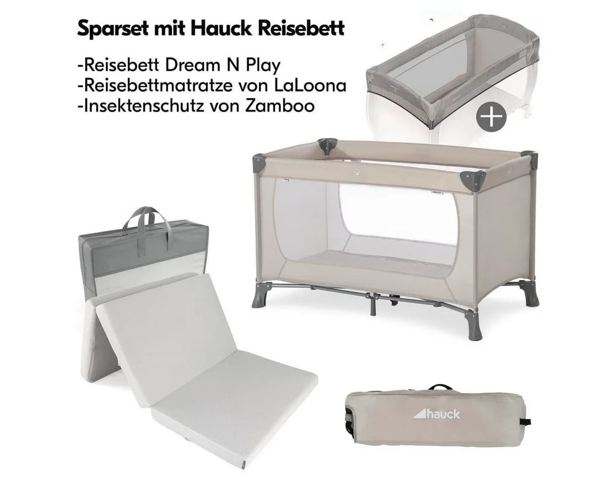 Hauck Baby-Reisebett Dream N Play Beige mit Matratze & Insektenschutz