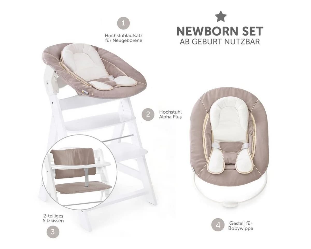 Hauck Alpha+ Hochstuhl Newborn Set Weiß Buchenholz mit 2in1 Bouncer