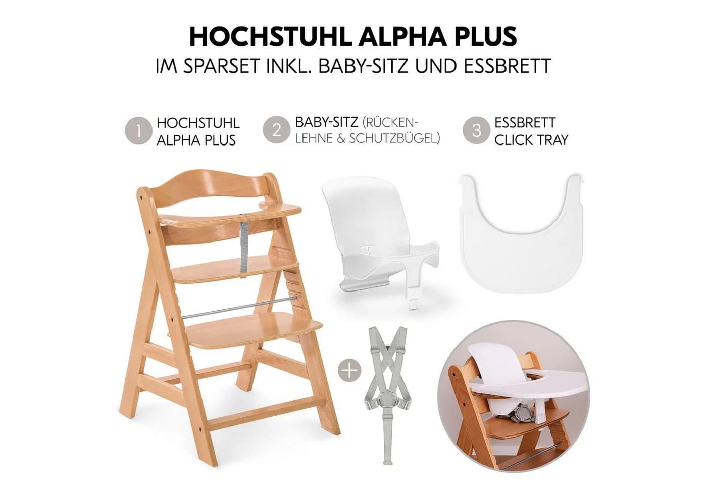 Hauck Alpha Plus Hochstuhl Set Natur Holz mit Click Tray & Baby-Sitz