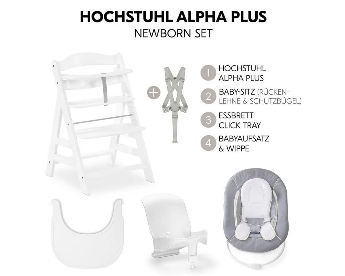 Hauck Hochstuhl Alpha Plus Newborn Set Weiß Holz mit Neugeborenenaufsatz