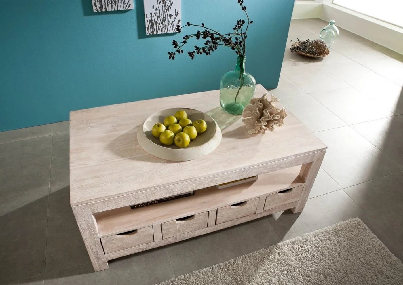 Massivmoebel24 Couchtisch NATURE WHITE massiv Akazie beige/weiß