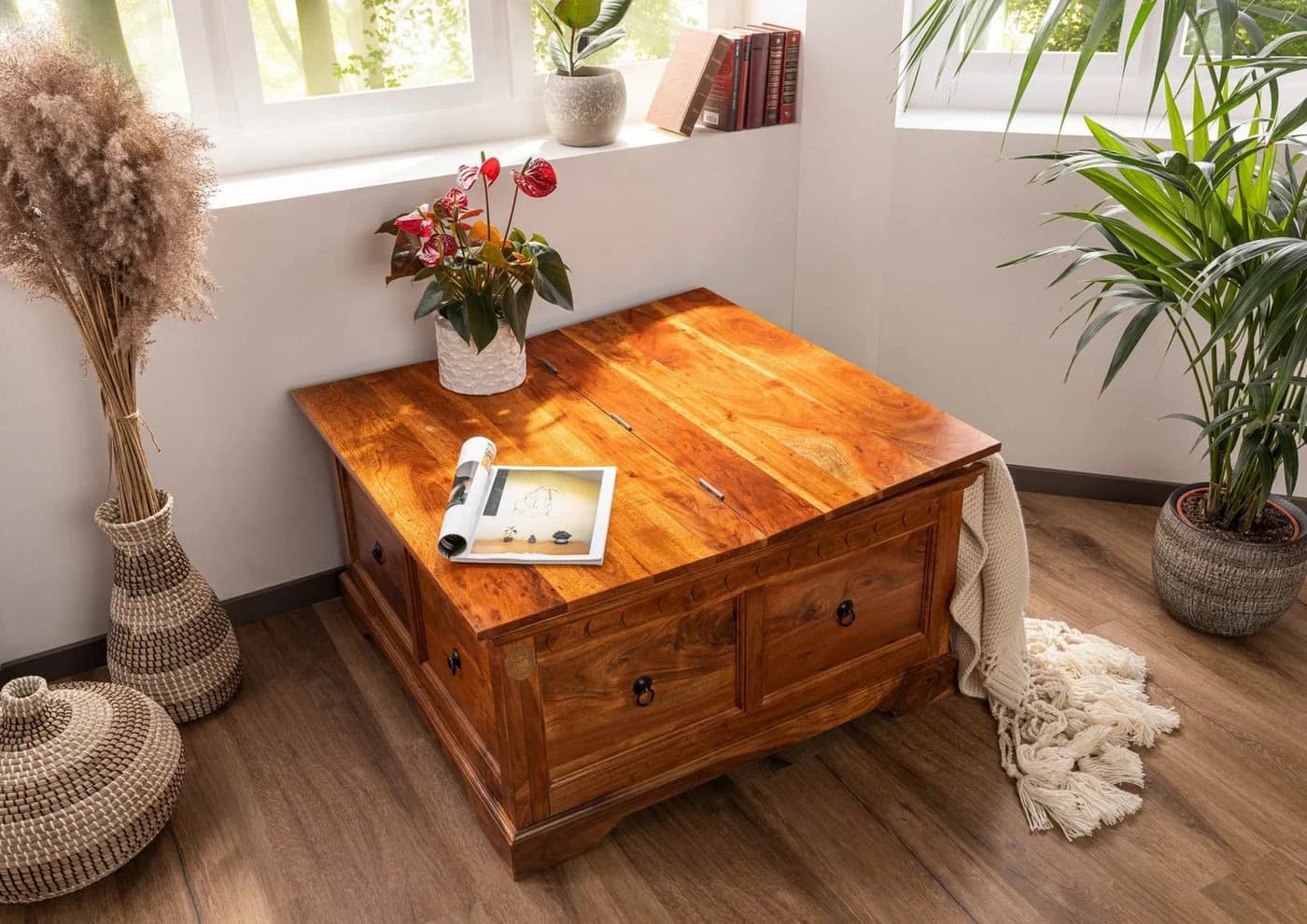 Massivmoebel24 Truhe OXFORD Akazie 90x90x45 honig lackiert