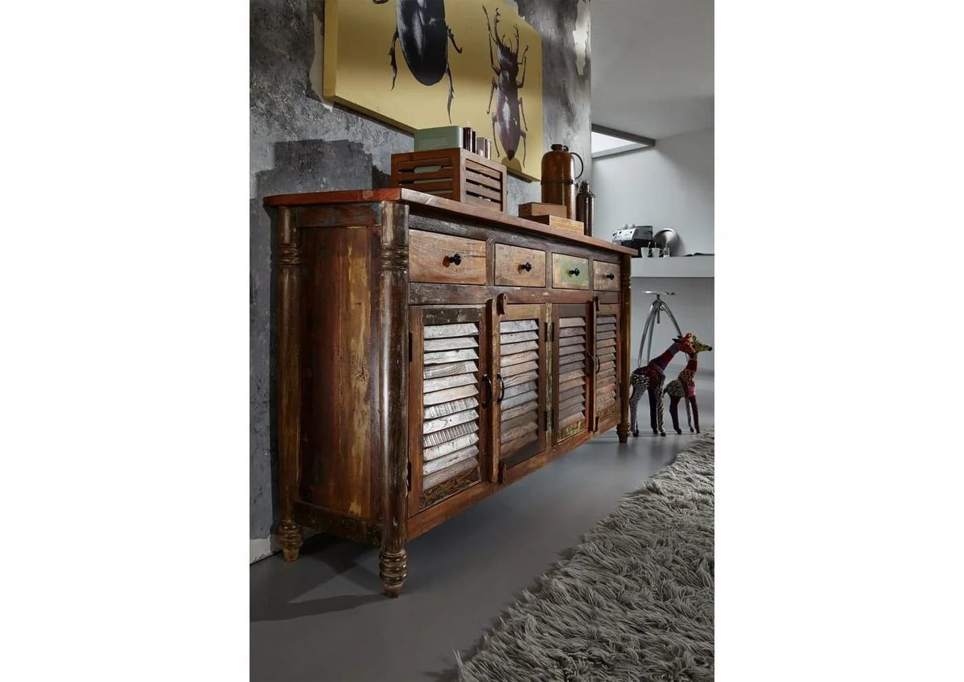 Massivmoebel24 Sideboard FABLE Massivholz Altholz 183x42x90 mehrfarbig lackiert