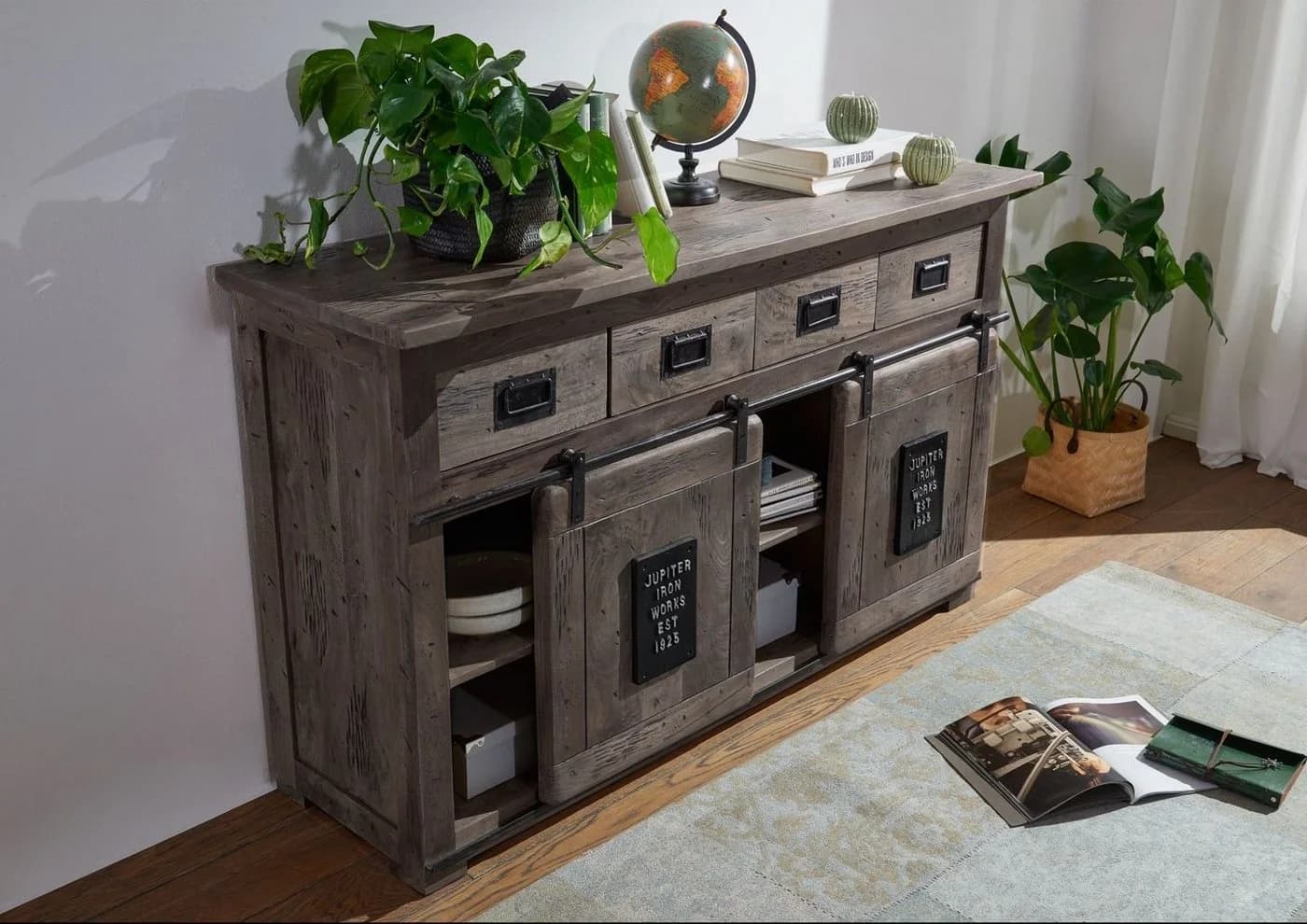 Massivmoebel24 Sideboard RAILWAY Mango grau lackiert Industrial