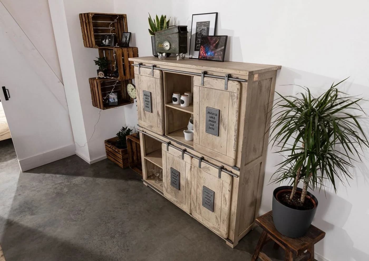 Massivmoebel24 Highboard RAILWAY Eiche massiv beige Industrial Look