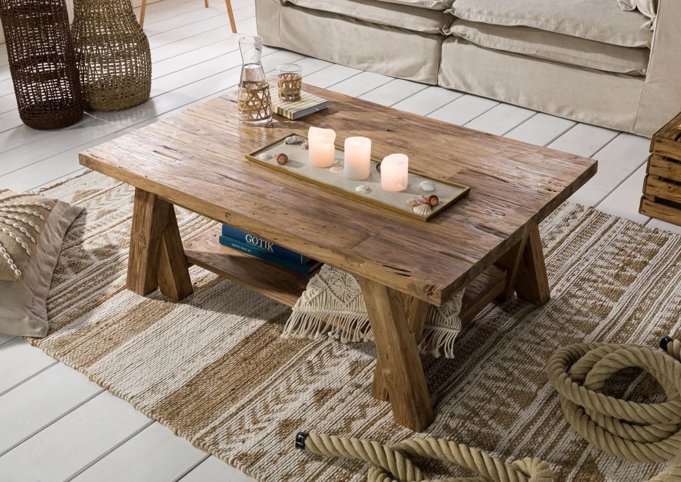 Massivmoebel24 Couchtisch BASSANO Teak Massivholz natur