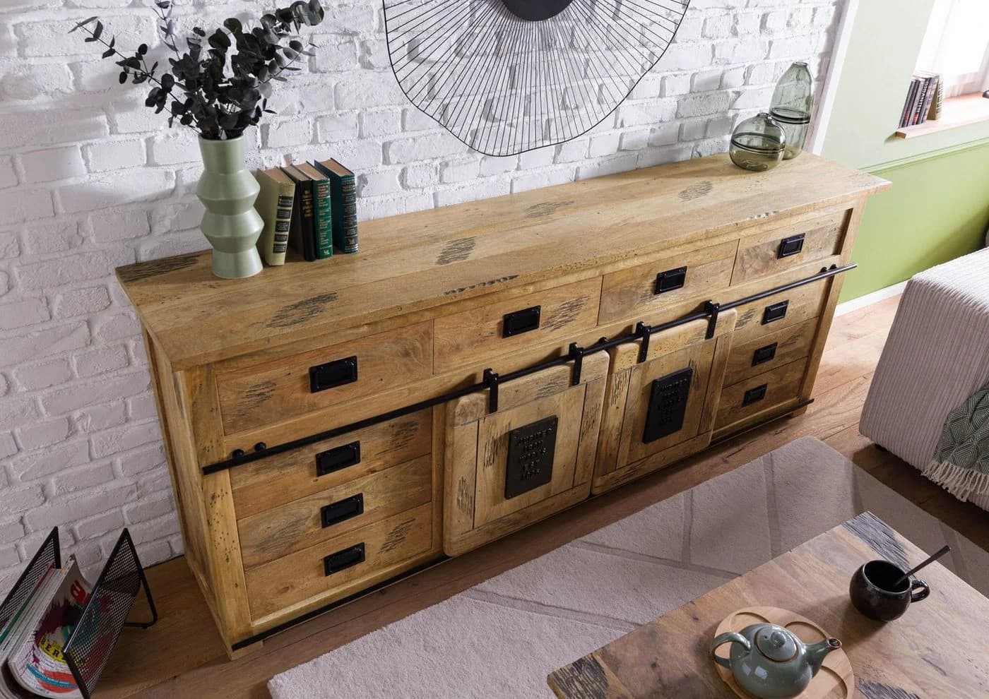 Massivmoebel24 Sideboard RAILWAY Massivholz Mango Industrial-Look