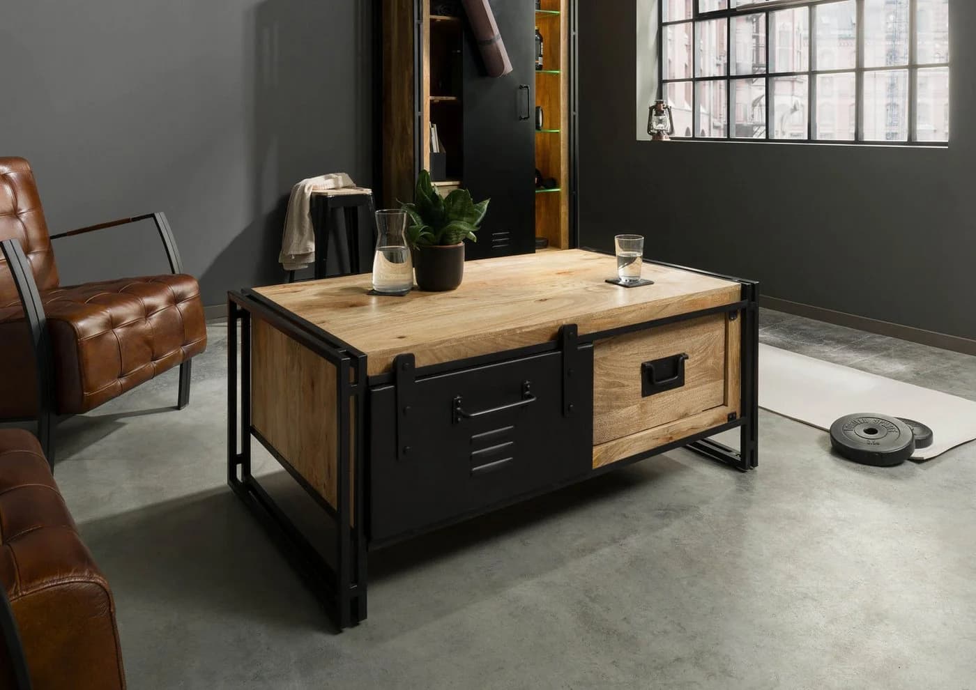 Massivmoebel24 Couchtisch BLACKBURN Mango massiv schwarz Industrial