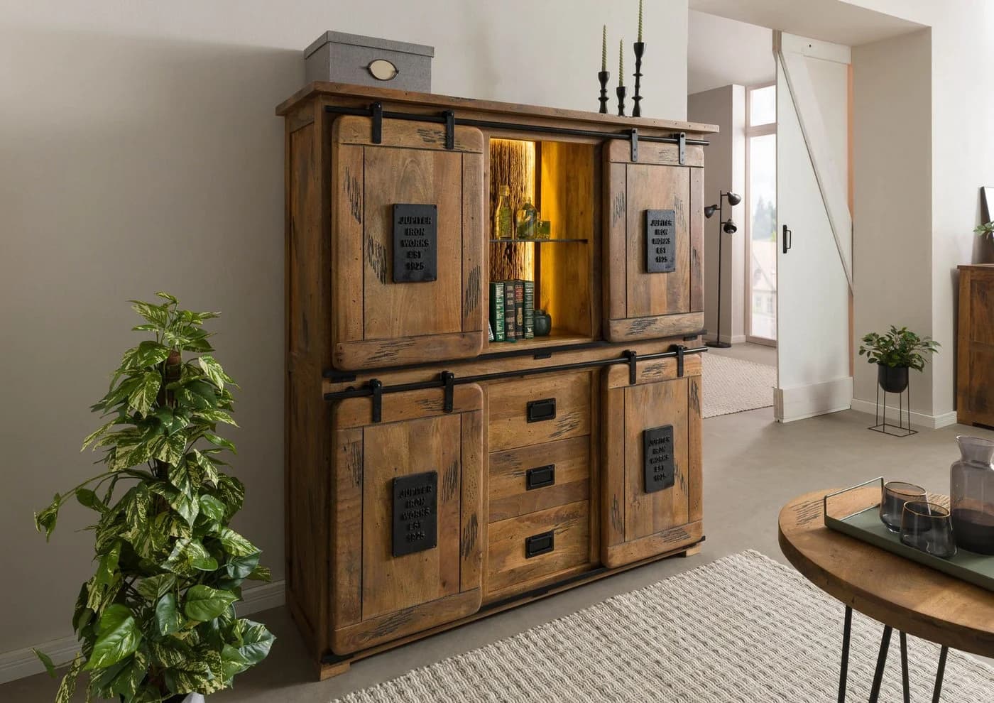 Massivmoebel24 Highboard RAILWAY LUX Massivholz Mango Altholz