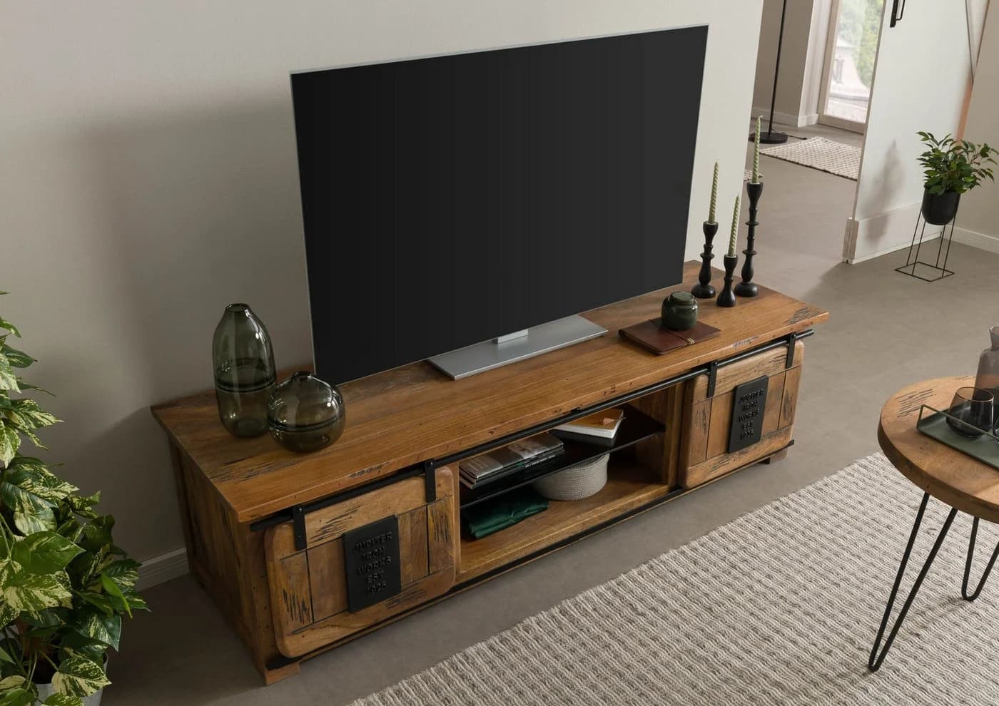 Massivmoebel24 TV-Board RAILWAY LUX Massivholz Mango Altholz Industrial Style