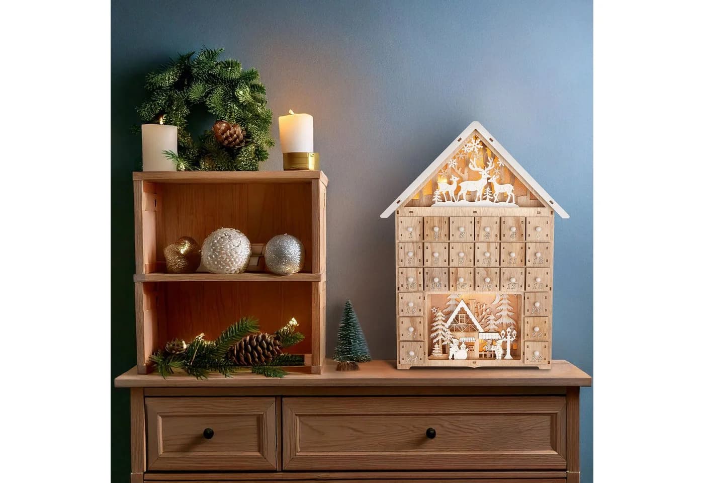 BRUBAKER befüllbarer Adventskalender 40 cm Holz LED Beleuchtung