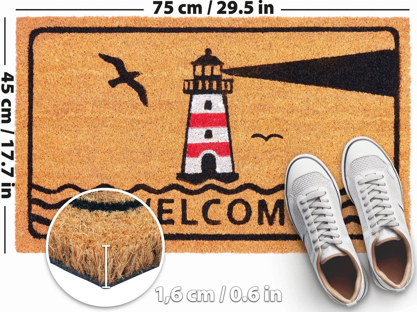 BRUBAKER Fußmatte Welcome mit Leuchtturm - Kokosmatte 45 x 75 cm