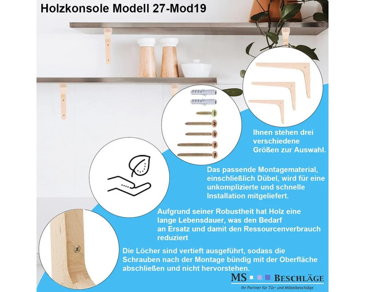 MS Beschläge Wandregalhalter Buche Massivholz - Individuell Bearbeitbar