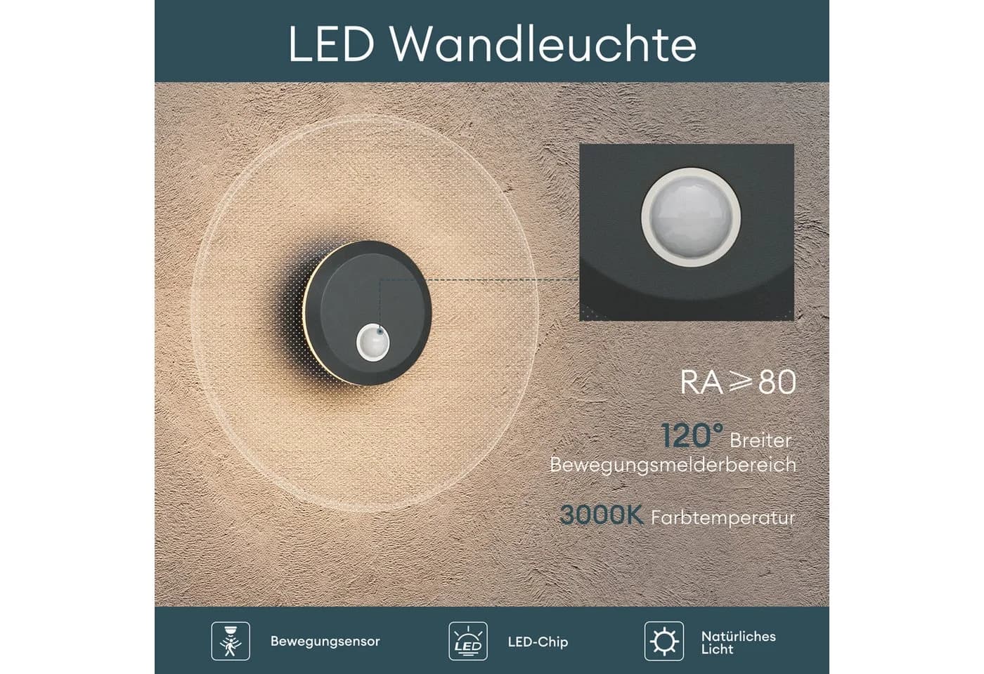 Mai & Mai LED Außen-Wandleuchte Luna Grau mit Bewegungsmelder