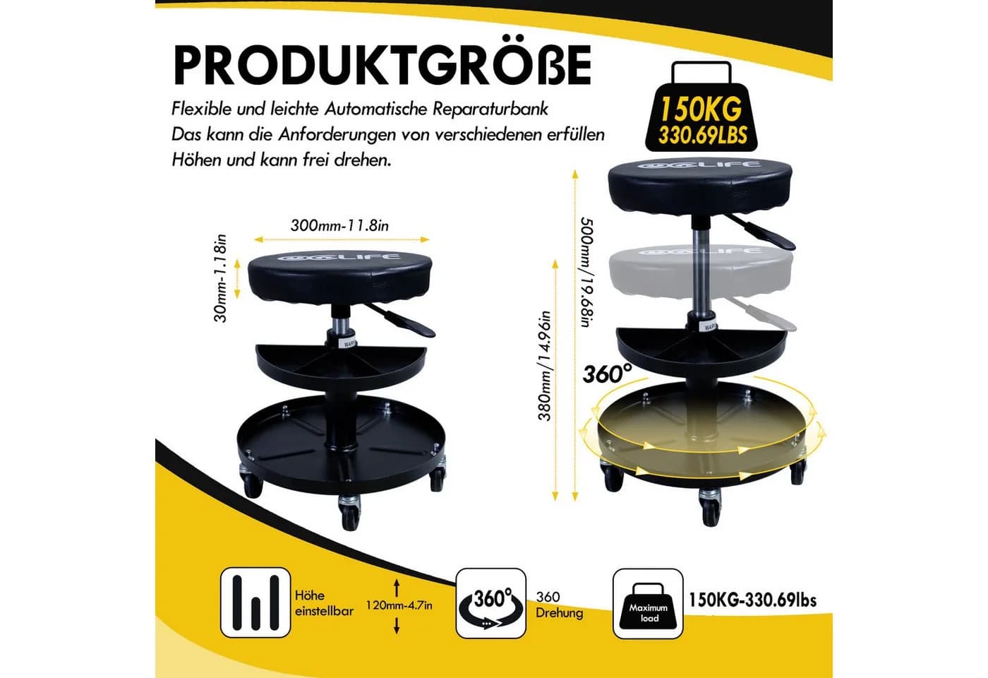 CCLIFE Werkstatthocker mit Rollen, höhenverstellbar, 150 kg Tragkraft