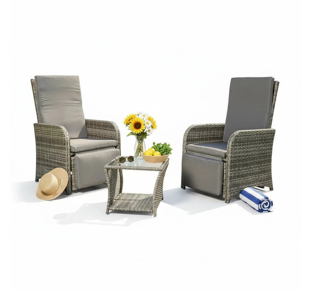 Melko Balkonset 3-teilig Grau Polyrattan mit Auflagen