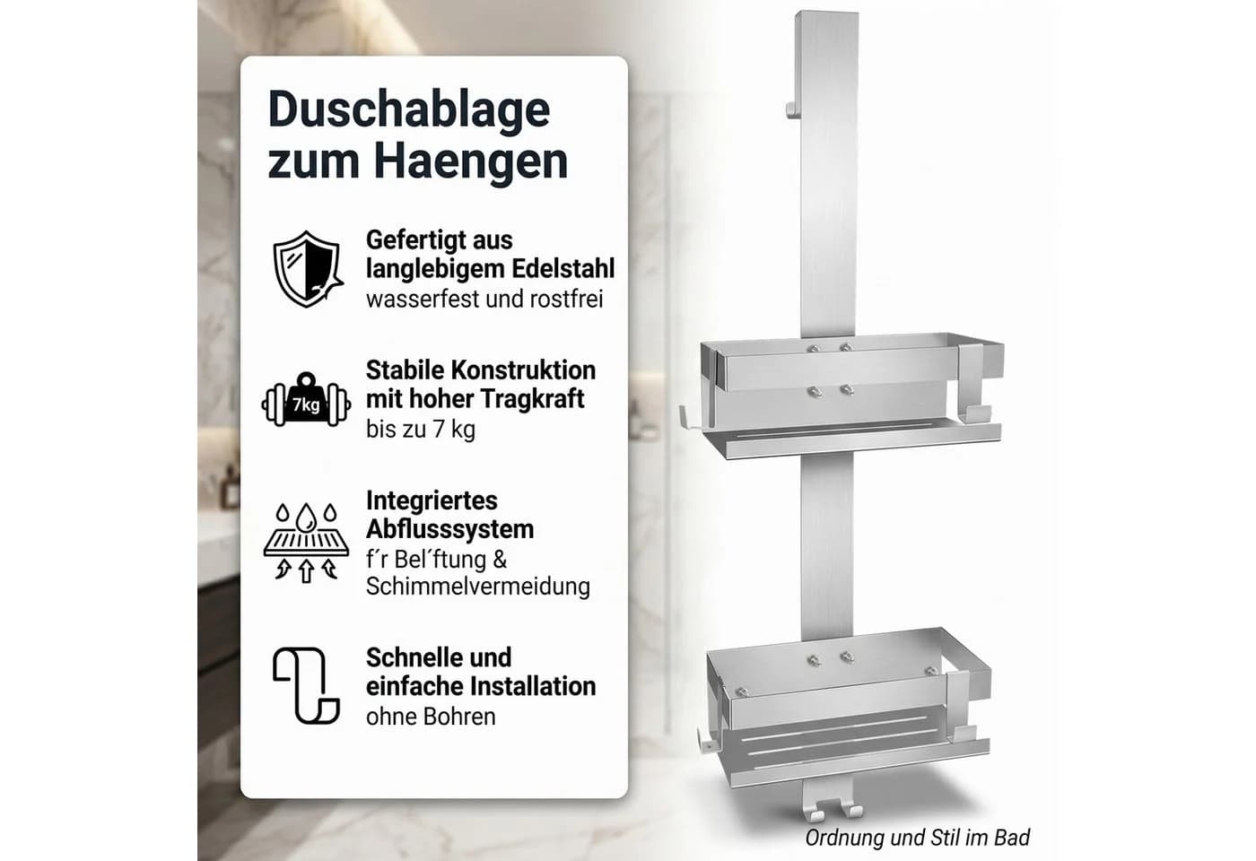 Mucola Duschablage Edelstahl ohne Bohren mit Körben und Haken