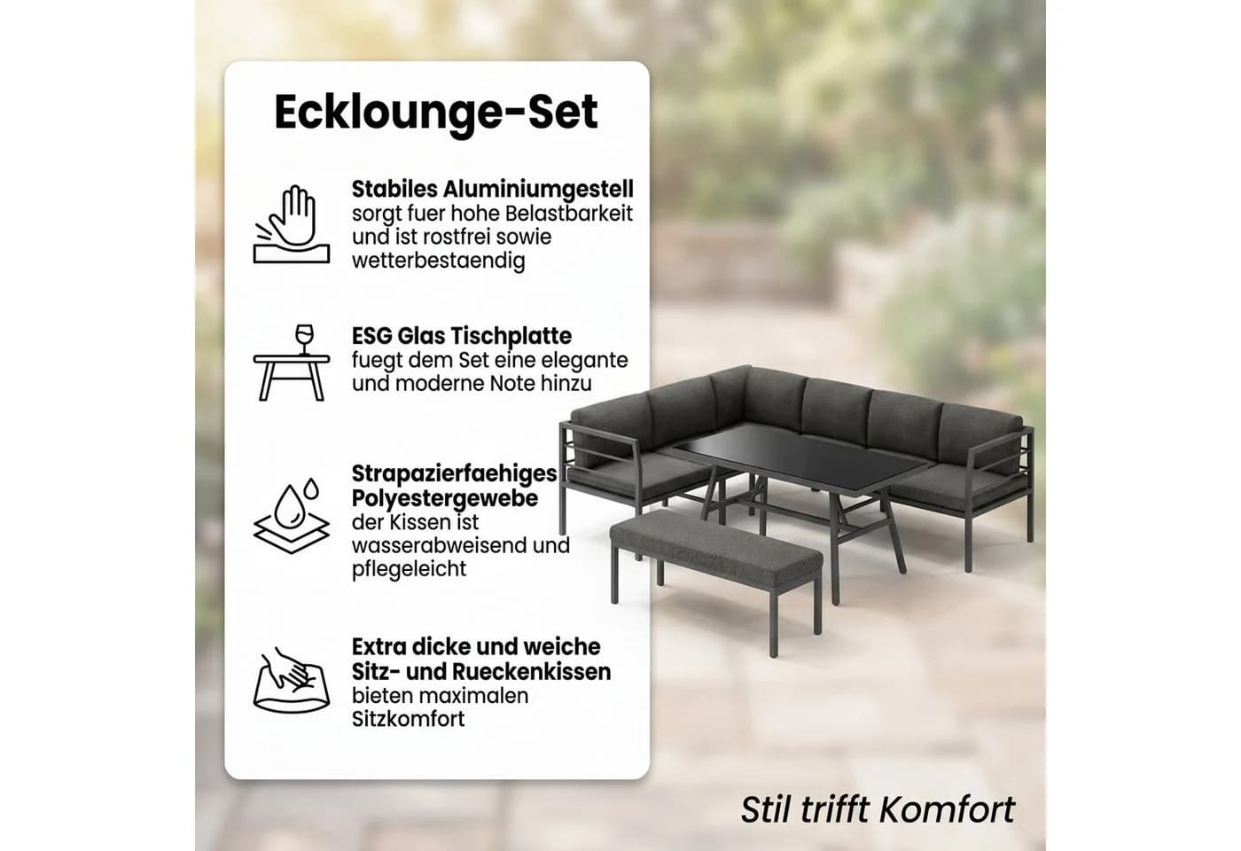 Mucola Gartenlounge-Set Aluminium Ecklounge grau/schwarz mit Kissen