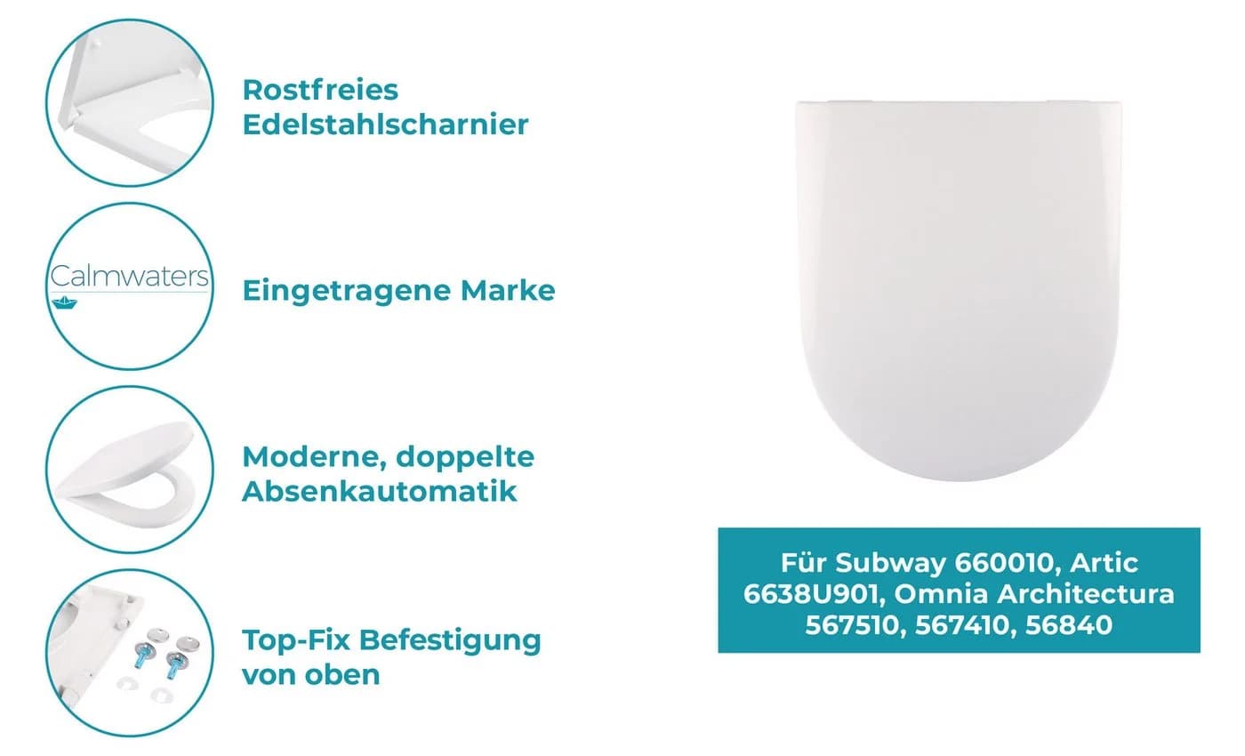 Calmwaters WC-Sitz Weiß D-Form Absenkautomatik Duroplast