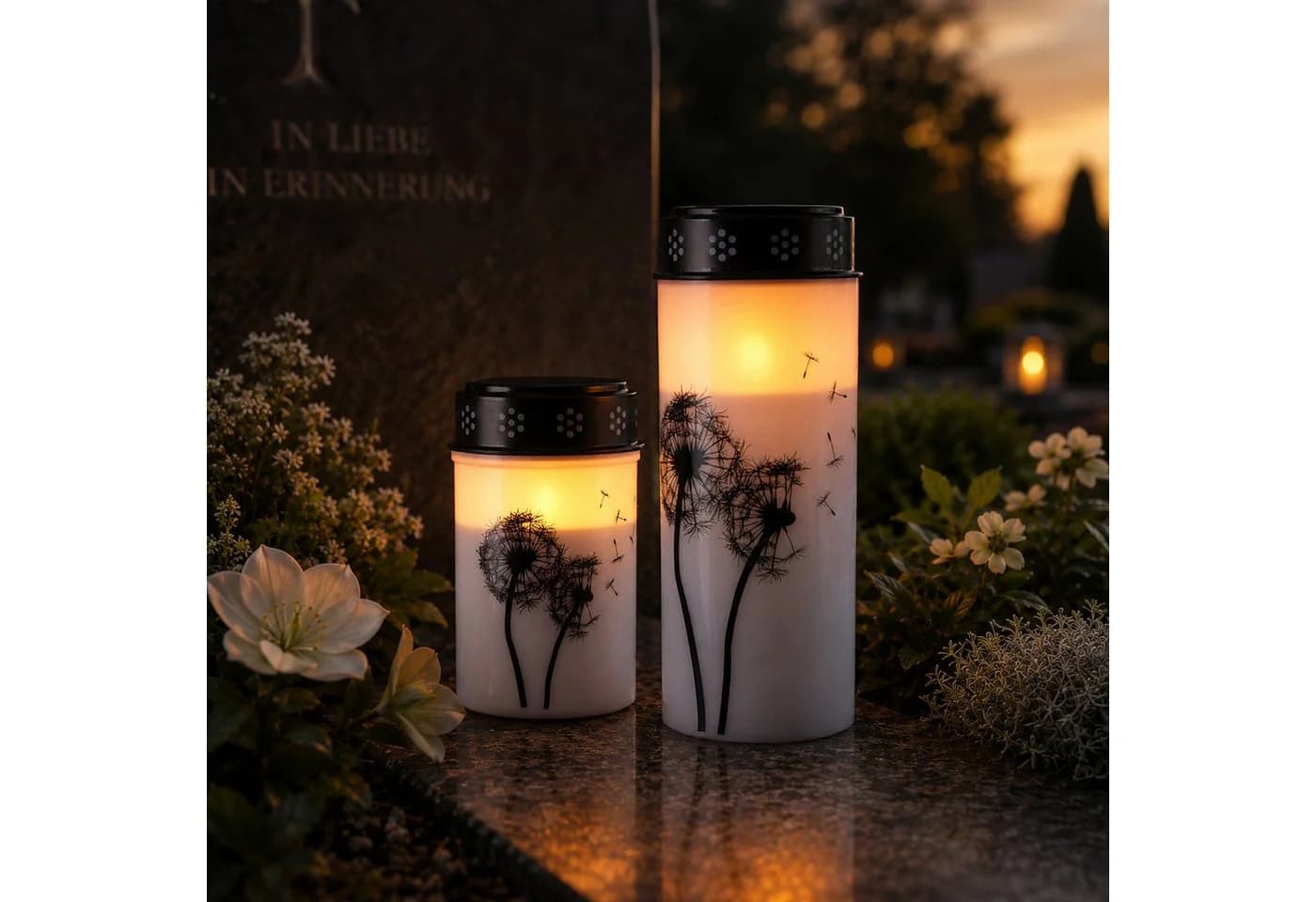 MARELIDA LED Grablichter 2er Set Weiß Schwarz Pusteblume Timer