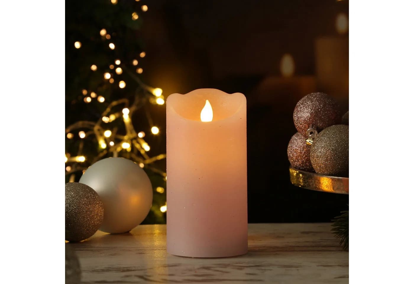 MARELIDA LED-Kerze mit beweglicher Flamme Echtwachs Rustik-Optik Timer rosa