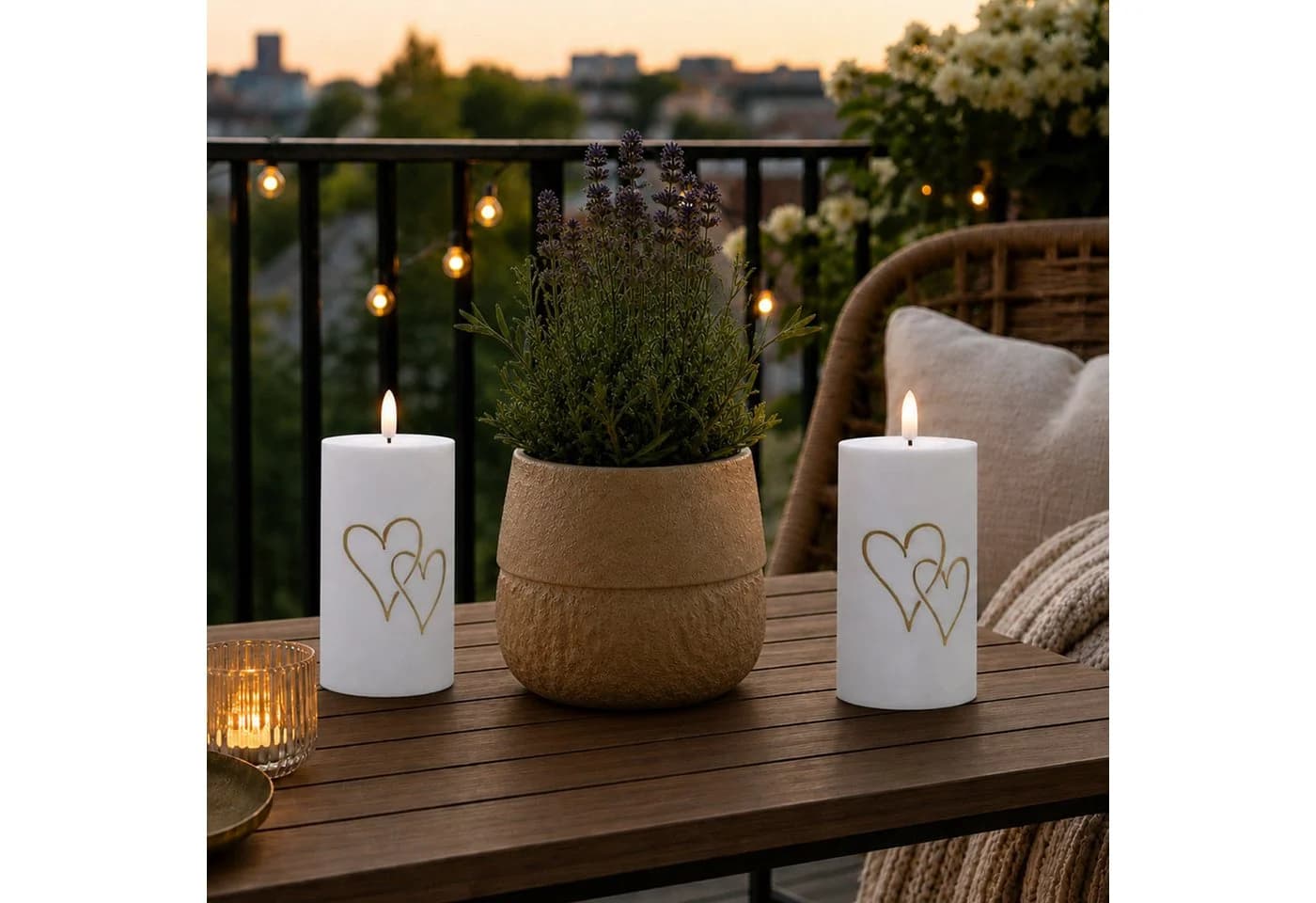 MARELIDA LED-Kerze Herz Weiß Gold Timer Sensor 2St.