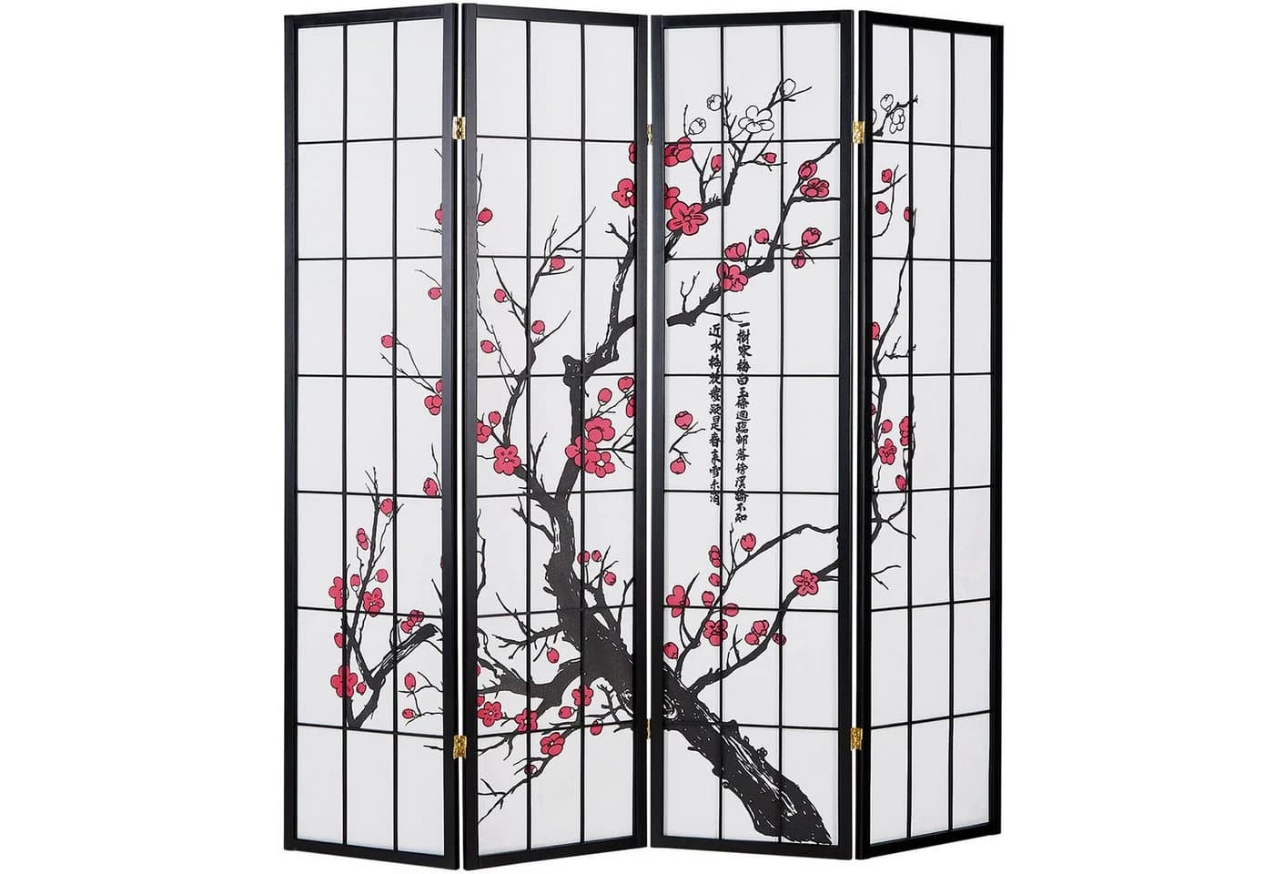 Homestyle4u Paravent Raumteiler Shoji Kirschblüten Schwarz/Weiss 4-teilig
