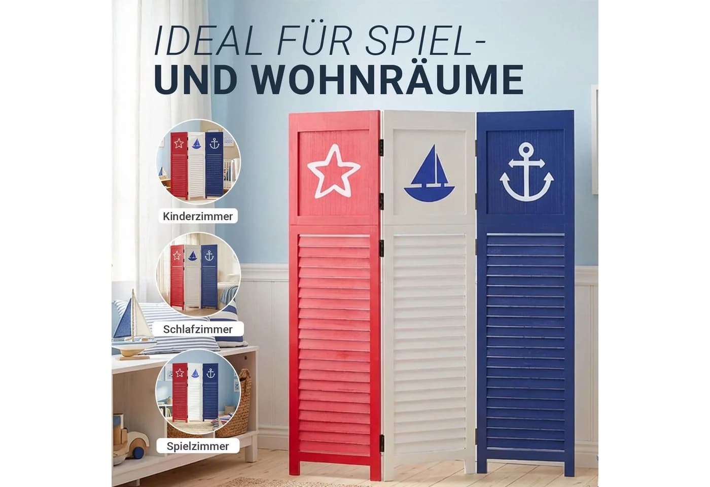 Homestyle4u Paravent Raumteiler Holz 3-teilig Meer Motiv Blau Rot Weiß faltbar