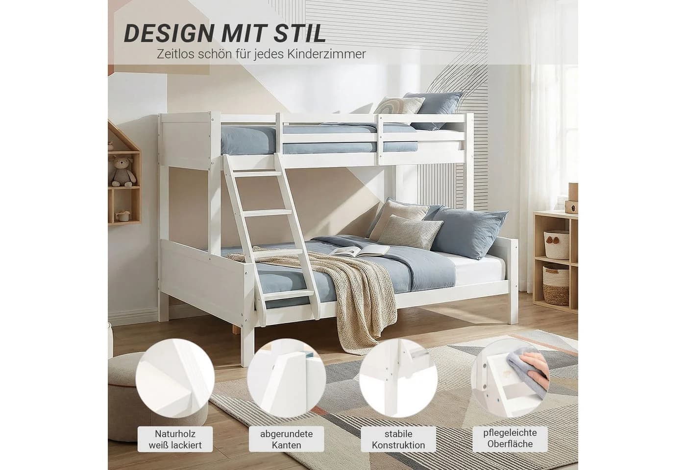 Homestyle4u Etagenbett Weiß Grau Komplett-Set mit Matratzen