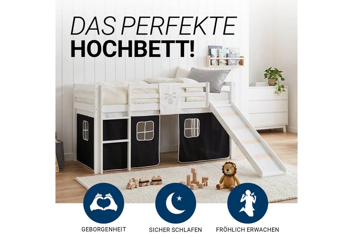 Homestyle4u Hochbett Kiefern massiv mit Rutsche und Vorhang